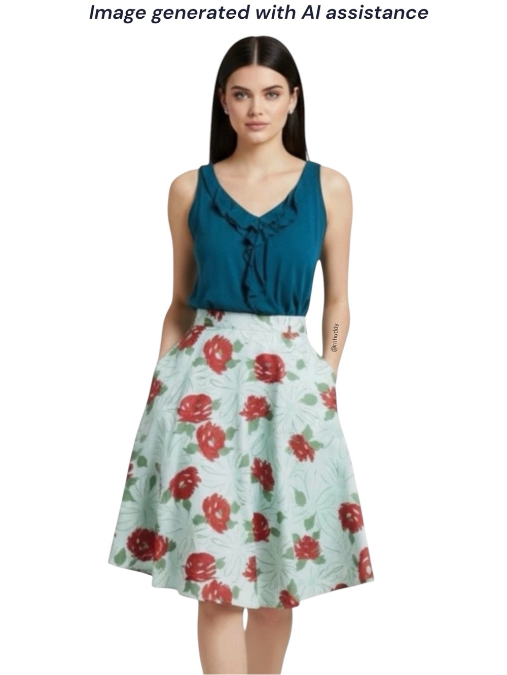 Modcloth S green red floral a-line skirt with pockets
